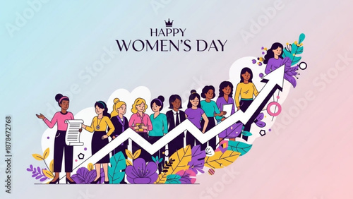 Happy women's day celebration with diverse group of women and upward trend line