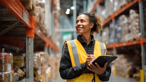 Woman in a yellow vest is smiling and writing on a clipboard in a warehouse. She is wearing a safety vest and she is a warehouse worker