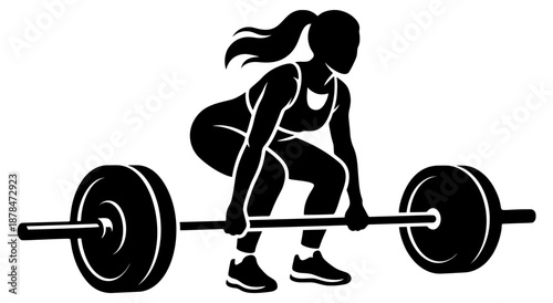 Female weightlifter silhouette holding a barbell close to the ground in a prepared lifting position during training.