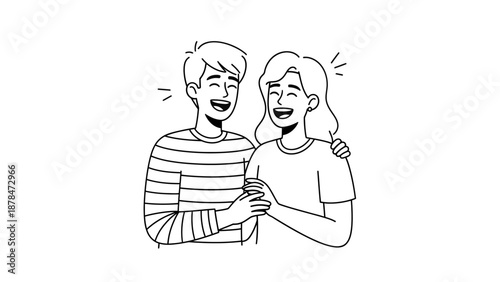 Happy young couple laughing together, linear vector illustration.