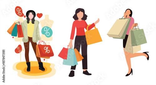 Set of stylish women characters holding shopping bags. Flat vector illustrations of happy girls shopping for fashion and seasonal sales.