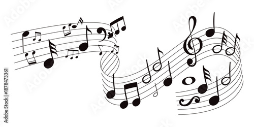 Wavy music sheet: background vector illustration of musical notes lined up on staff notation.Music notes wave. Flowing musical staff lines with notes, clefs and melody rhythm patterns in dynamic.