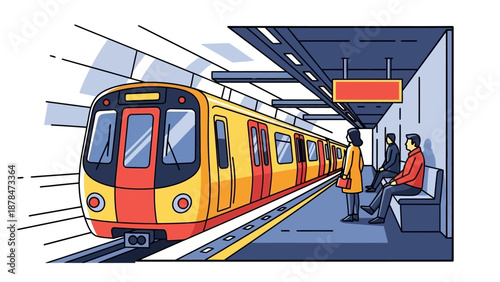 People waiting on a platform as a subway train arrives at an underground station. Urban public transport illustration.