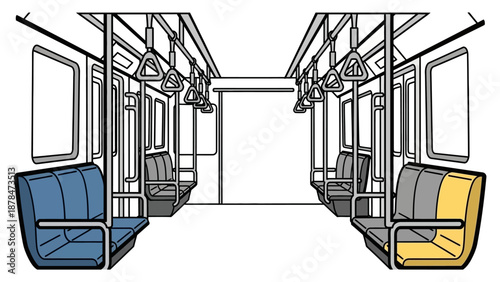 Empty Public Transport Vehicle Interior Illustration: Subway Train Car with Seats and Handrails