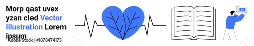 Heart with ECG line, open book, person holding a monitor, visualizing education, health, technology, collaboration, growth, medicine and simple landing page