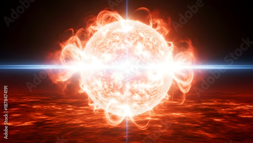 Powerful luminous orange celestial star with dynamic fiery plasma prominences and a bright blue light beam piercing through its glowing core above a molten inferno surface.