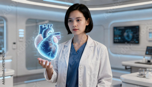 Female Doctor Analyzing AI 3D Heart Hologram in Futuristic Clinic. Digital Cardiology, Advanced Healthcare Technology & Precision Medicine Concept.