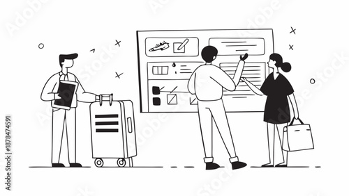 People planning travel with checklist and suitcase in black and white illustration style scene on transparent background silhouette