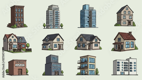 Collection of diverse building illustrations in a grid layout.