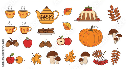 Large collection of autumn-themed illustrations including pumpkins, leaves, mushrooms, acorns, apples, tea cups, a teapot, and a festive cake.