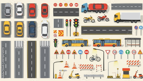 Collection of Road Elements and Vehicles for Traffic Simulation.