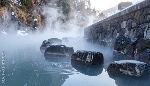 Steaming outdoor bath with rocks, winter, mountains
