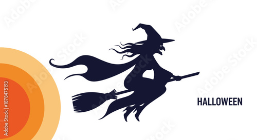 Black silhouette of a witch flying on a broomstick across a white background with the word HALLOWEEN and a stylized orange moon.