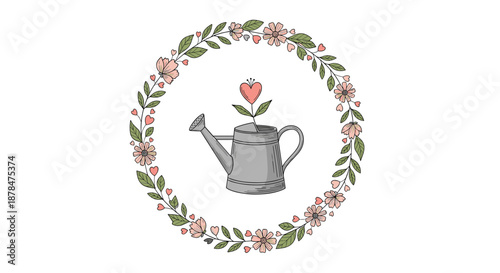 Charming gardening illustration featuring a vintage watering can with a heart shaped flower nestled within a delicate circular floral wreath frame.