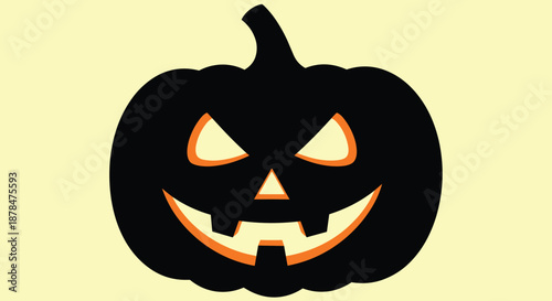 Menacing black jack o lantern pumpkin silhouette with a sharp toothed grin and angry eyes set against a plain yellow background.