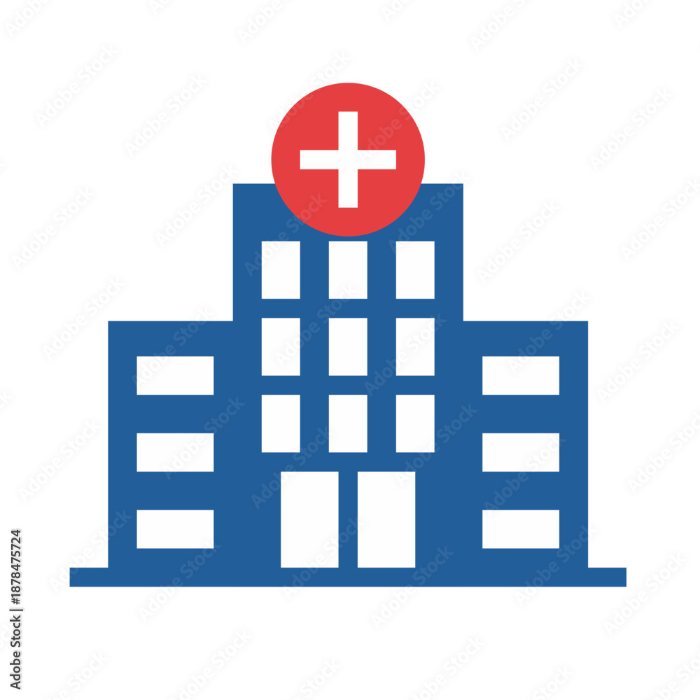 Obraz premium Hospital building icon with cross sign, Medical clinic architecture symbol in flat style, hospital building medical icon