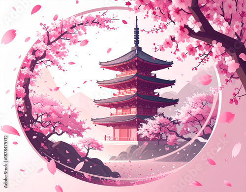 Sakura Petals Swirling Around Pagoda