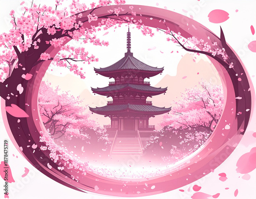 Sakura Petals Swirling Around Pagoda