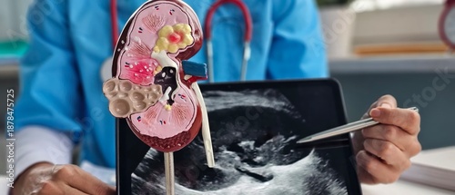 Fotografía Medical professional demonstrating kidney model while discussing ultrasound resu
