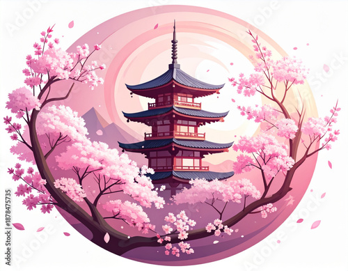 Sakura Petals Swirling Around Pagoda