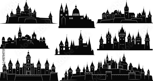 Medieval castle silhouette collection featuring fantasy fortresses, gothic towers, royal palaces, and historic fortified city skylines isolated on white background