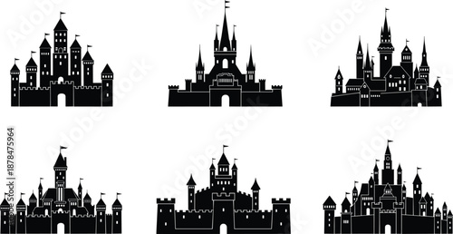 Medieval castle silhouette set with fantasy fortress buildings isolated on white background for fairytale illustration heraldry and game design
