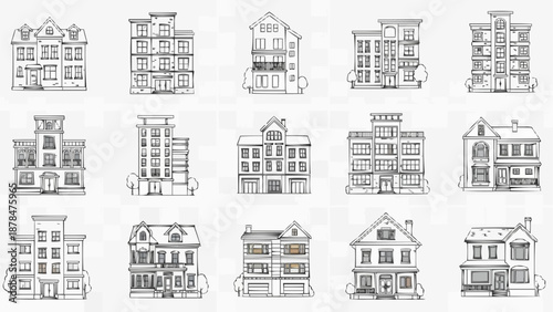 Collection of hand drawn architectural building illustrations.