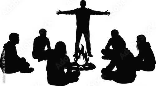 People silhouette group sitting around campfire with standing speaker, teamwork discussion, leadership concept, community meeting illustration isolated on white background