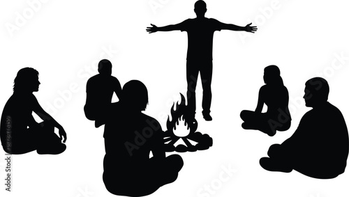 People silhouettes sitting around campfire with standing leader speaking, teamwork discussion, leadership training and community meeting concept illustration