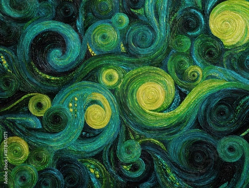 Swirling Emerald and Teal Abstract Art with Golden Spirals and Bubbles - Textured Pattern Background