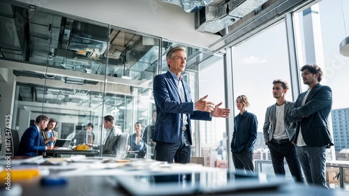 Wallpaper Mural Confident business team discussing ideas around table in modern office with glass walls representing collaboration leadership strategy and professional corporate decision making Torontodigital.ca