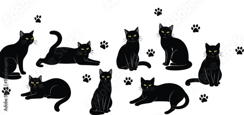Cute black cat illustration set with multiple sitting and lying poses, yellow eyes and paw prints, playful cartoon feline design