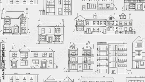 Architectural Drawing of Various Houses and Buildings Seamless Pattern.