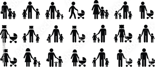 Family people icons set with parents children and baby stroller silhouettes representing parenting childcare motherhood fatherhood and family lifestyle concepts