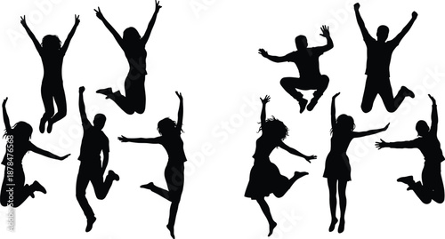 Group of happy people jumping silhouette expressing joy, freedom, teamwork, celebration and positive energy isolated on white background