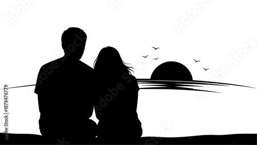 Silhouette of a romantic couple sitting and watching the sunset at the beach.