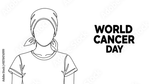 Minimalist line art illustration of a woman wearing a headscarf, symbolizing hope and support for World Cancer Day and global cancer awareness campaigns