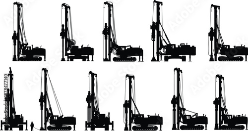 Pile driving and drilling rig machinery silhouette set showing heavy construction equipment profiles isolated on white background for industrial engineering illustration