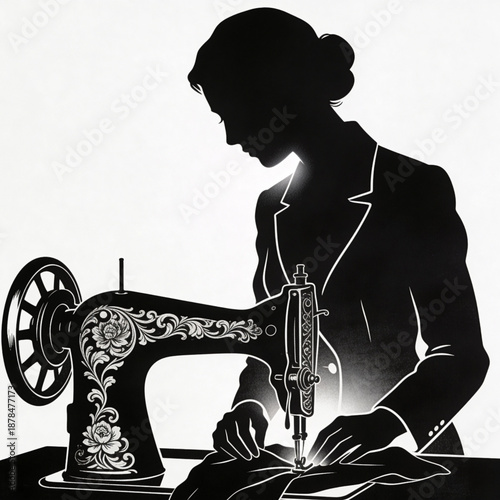 Timeless Craft: A silhouette of a woman absorbed in the artistry of sewing on a classic sewing machine, a blend of vintage charm and dedicated craftsmanship.