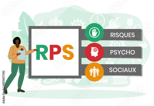 RPS, Risques Psycho Sociaux. Concept with keyword and icons. Flat vector illustration. Isolated on white.