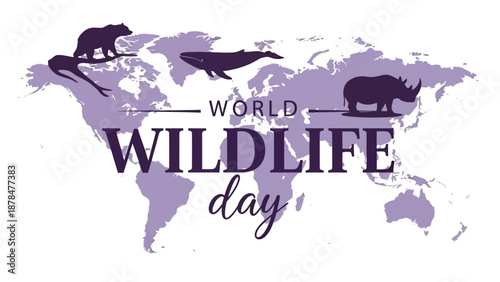 Symbolic illustration for World Wildlife Day, featuring diverse animal silhouettes like a bear, whale, and rhino on a global map, advocating for conservation efforts and environmental protection