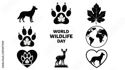 Elegant vector icons celebrating World Wildlife Day, showcasing diverse animal silhouettes, paw prints, and nature symbols for global conservation awareness