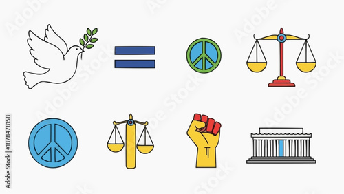 Set of icons representing peace, justice, equality, and freedom, illustrating important social concepts and values