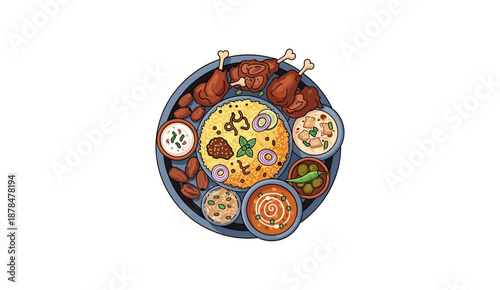 Middle Eastern rice platter with roasted chicken and dates.