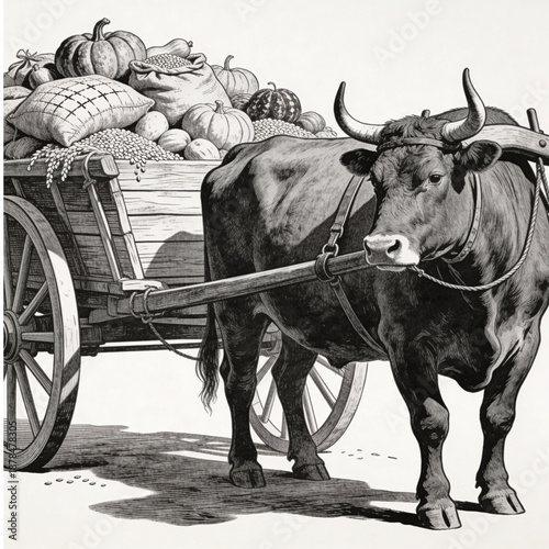 The Harvest Hauler: A monochrome image showcases an ox-drawn cart laden with the bounties of the harvest season, representing abundance and hard work.