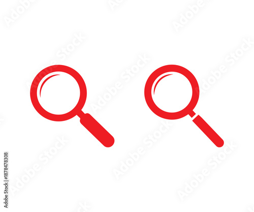 Red magnifying glass icons symbolizing information retrieval and close inspection are cleanly displayed isolated on a standard white background.