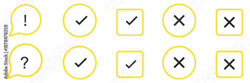Set of green and red check box with yes and no sign. Modern label icons check mark and cross on transparent background.