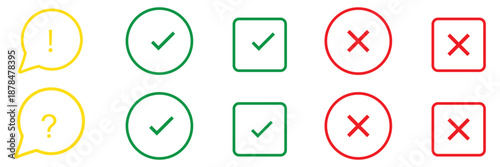 Set of green and red check box with yes and no sign. Modern label icons check mark and cross on transparent background.
