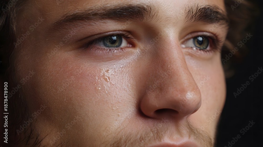 Fototapeta premium Close up of a young man s face with a tear glistening on his cheek conveying sadness and emotion