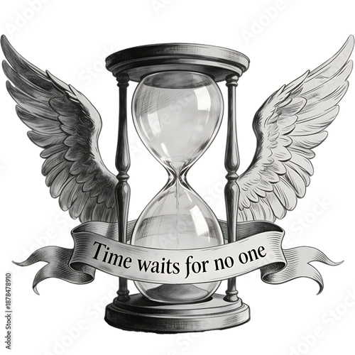 Timeless Passage: An artistic representation of time with an hourglass, wings, and an inspirational quote.